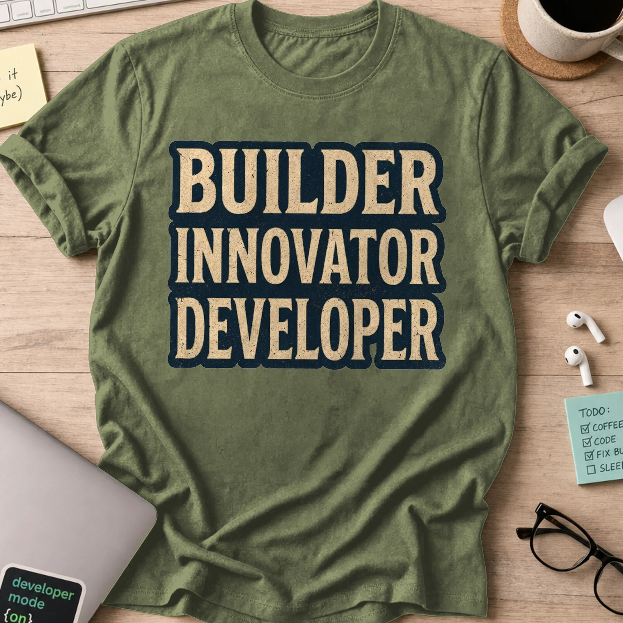 Builder Innovator Developer Vintage Shirt — Military Green storefront mockup