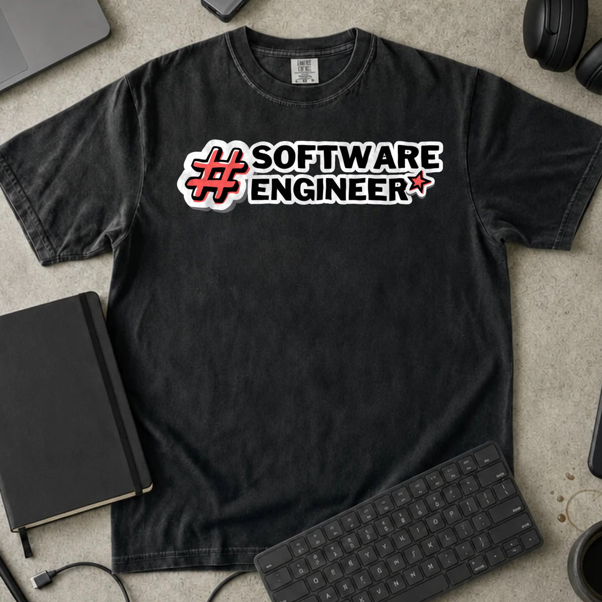 Software Engineer Hashtag Shirt in Black, Comfort Colors 1717 tee flat lay