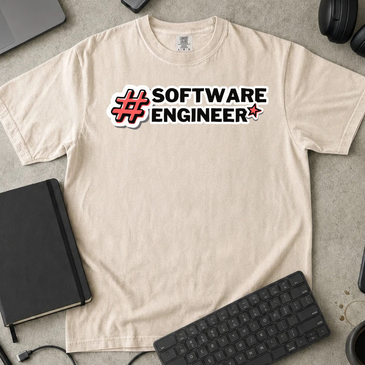 Software Engineer Hashtag Shirt in Ivory, Comfort Colors 1717 tee flat lay