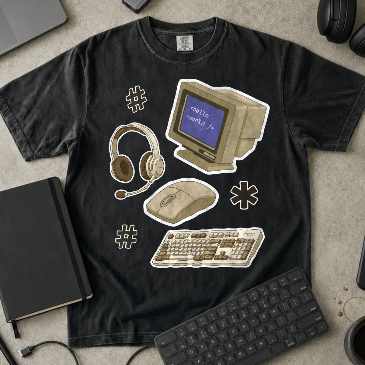 Retro Hello World Computer Shirt in Black, Comfort Colors 1717 tee flat lay