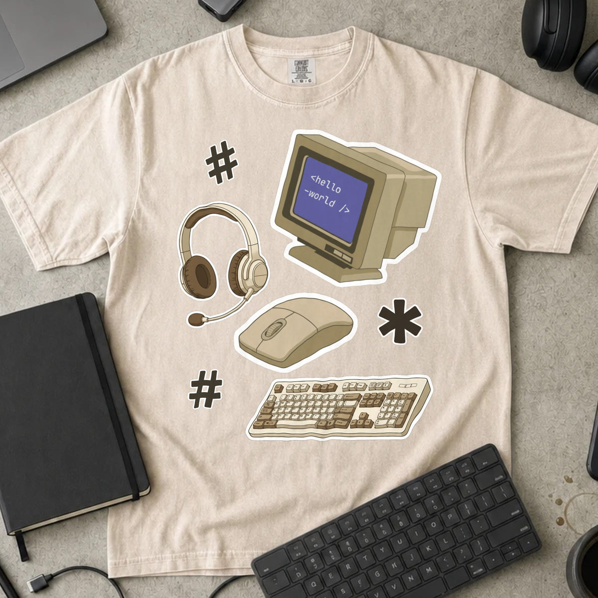 Retro Hello World Computer Shirt in Ivory, Comfort Colors 1717 tee flat lay