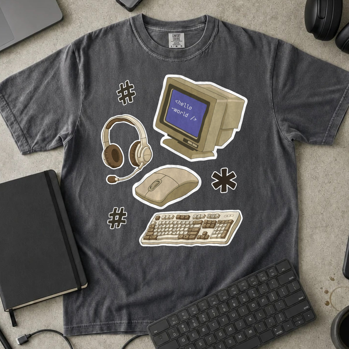 Retro Hello World Computer Shirt in Pepper, Comfort Colors 1717 tee flat lay