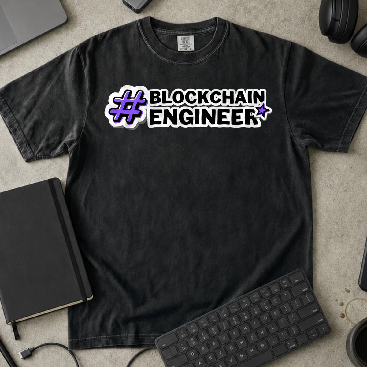 Blockchain Engineer Hashtag Shirt in Black, Comfort Colors 1717 tee flat lay