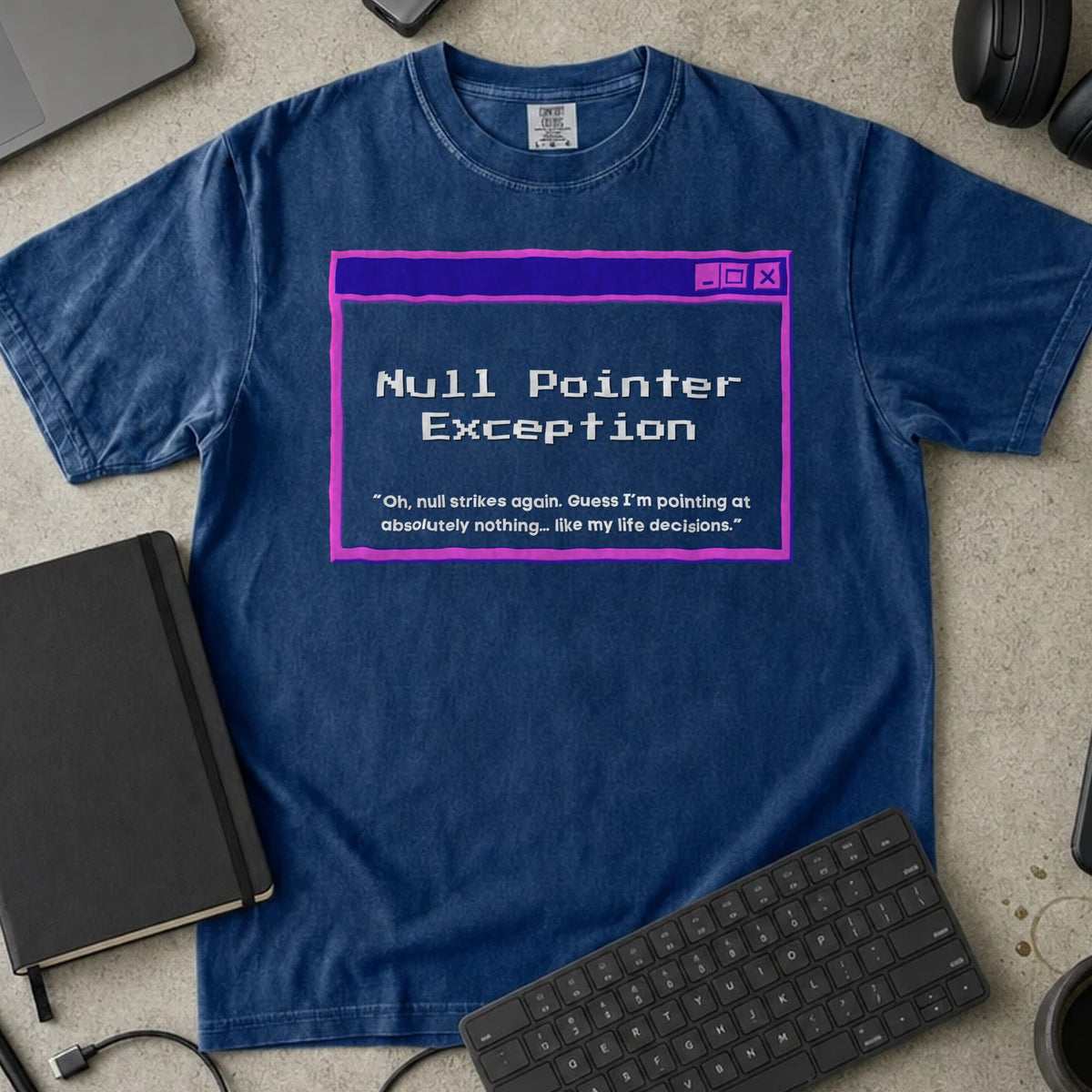 Null Pointer Exception Shirt in True Navy, Comfort Colors 1717 tee flat lay