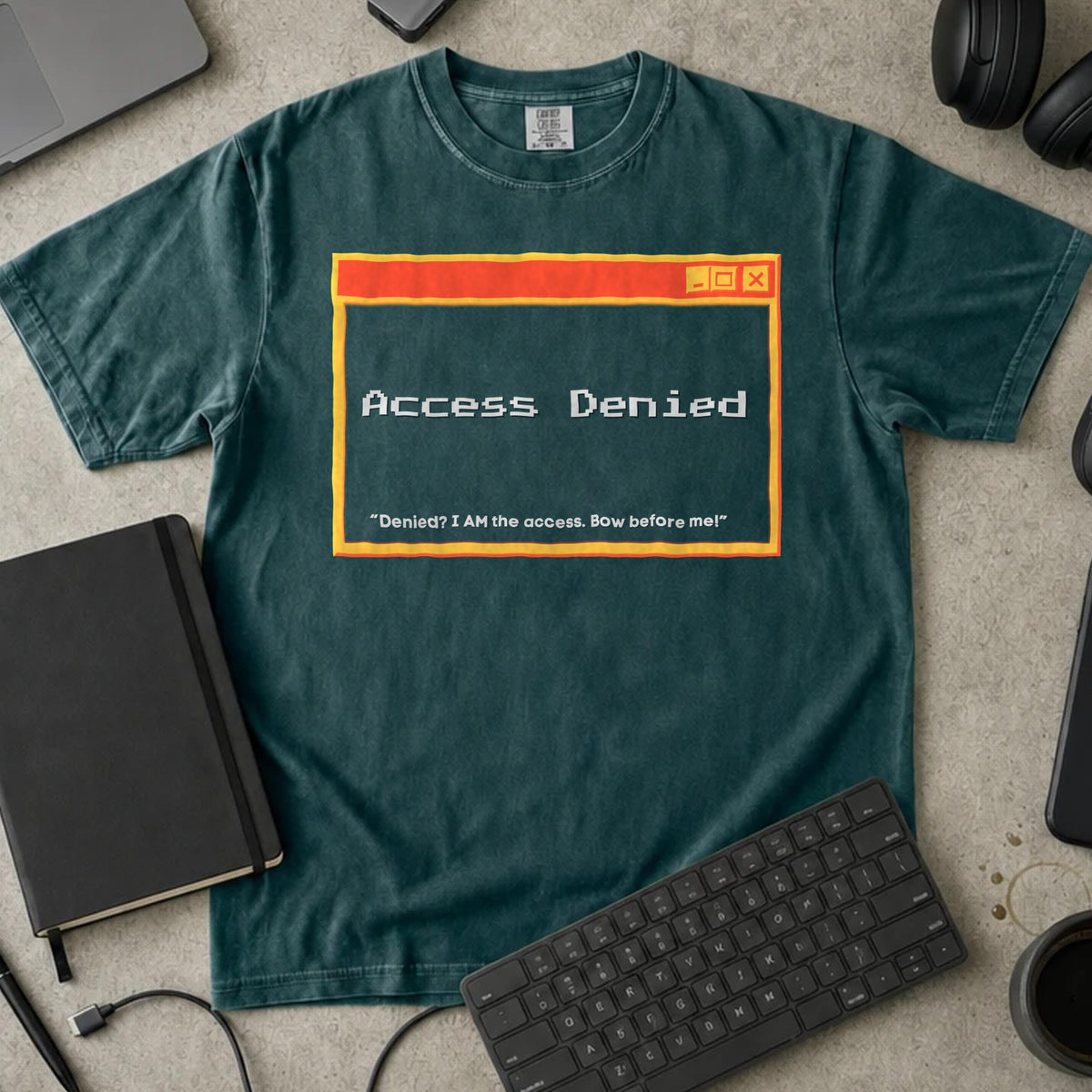 Access Denied Shirt in Blue Spruce, Comfort Colors 1717 tee flat lay