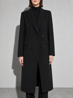 Loose Slim Fit Woolen Coat Mid-length Woolen Coat in Black - bust to thigh view