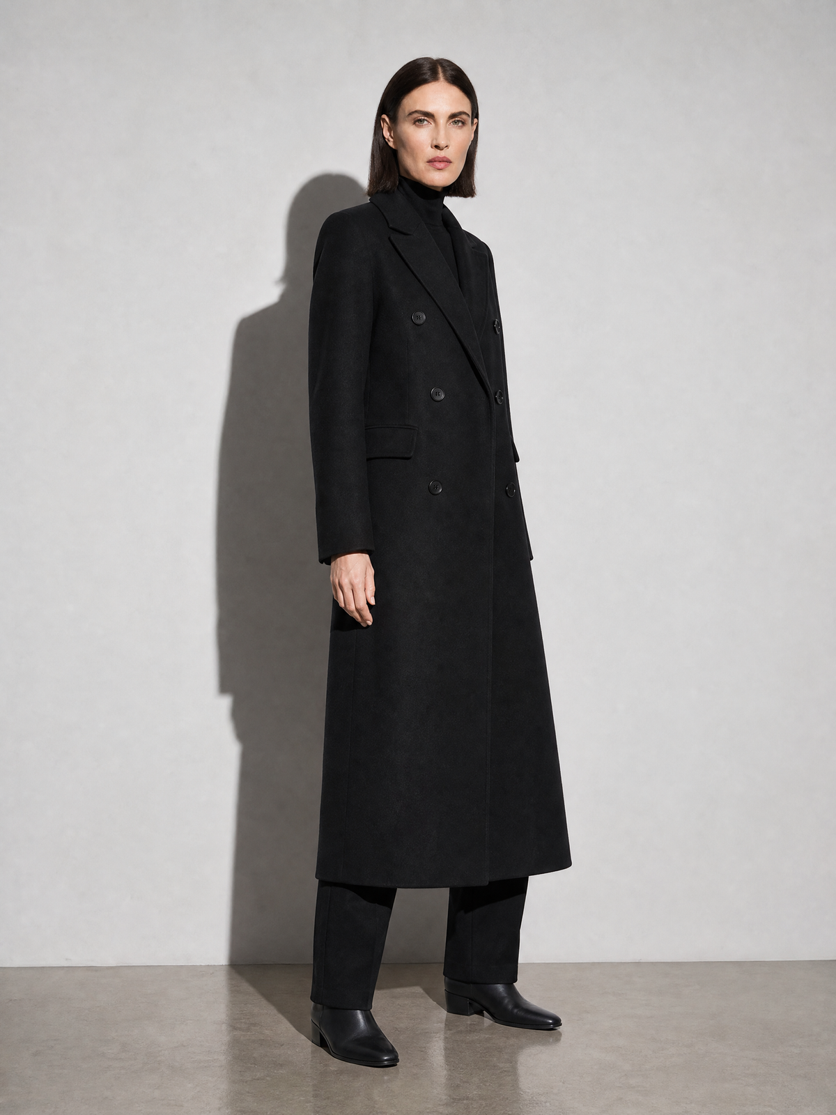 Loose Slim Fit Woolen Coat Mid-length Woolen Coat in Black - main view