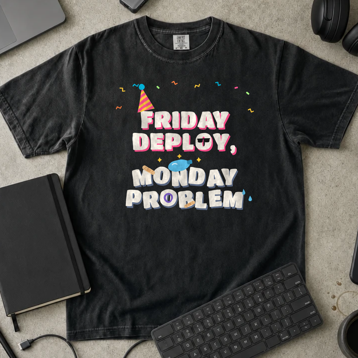 Friday Deploy Monday Problem Shirt — Black Comfort Colors 1717 flat lay