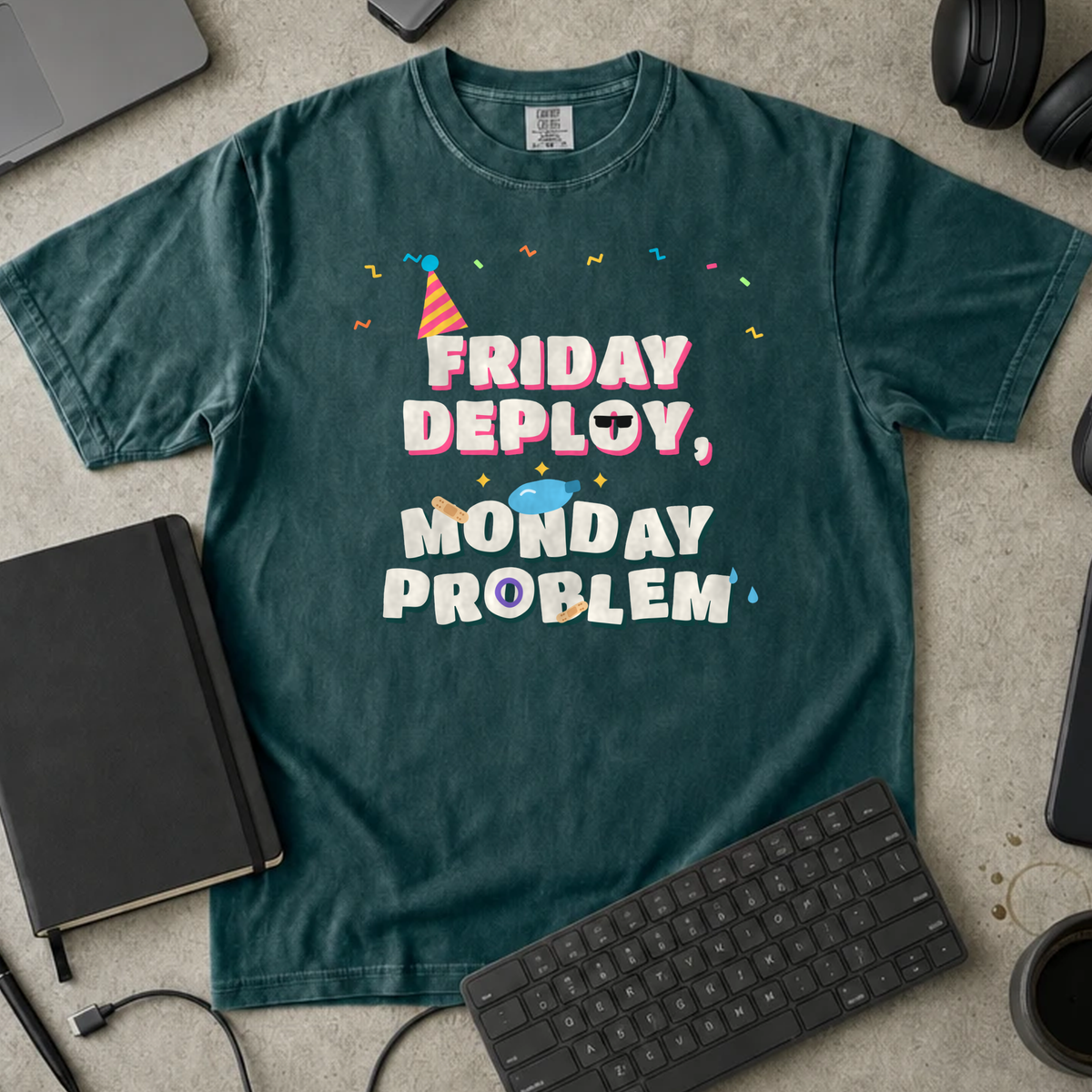 Friday Deploy Monday Problem Shirt — Blue Spruce Comfort Colors 1717 flat lay