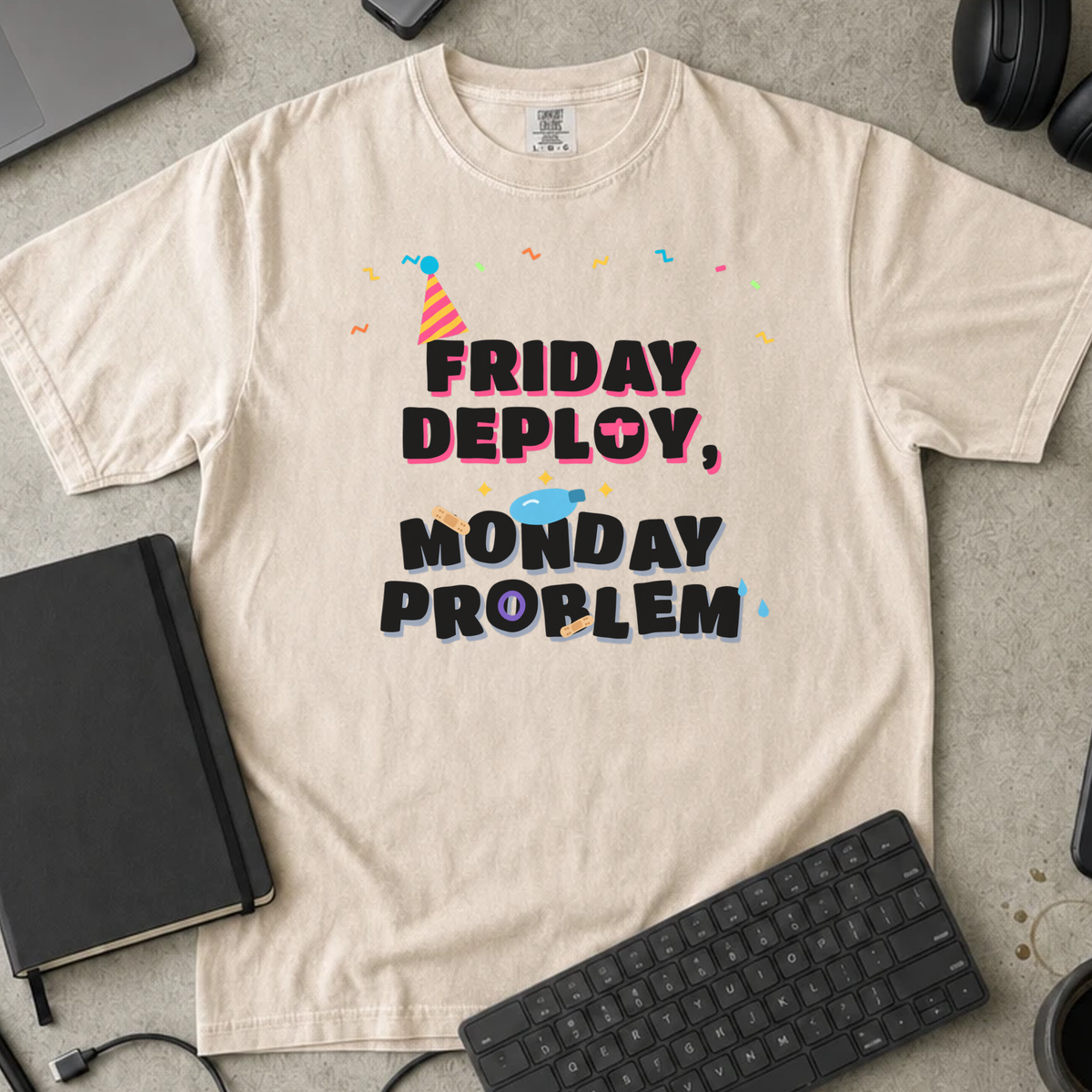 Friday Deploy Monday Problem Shirt — Ivory Comfort Colors 1717 flat lay