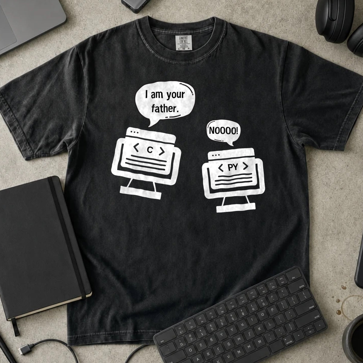 I Am Your Father C and Python Shirt in Black, Comfort Colors 1717 tee flat lay