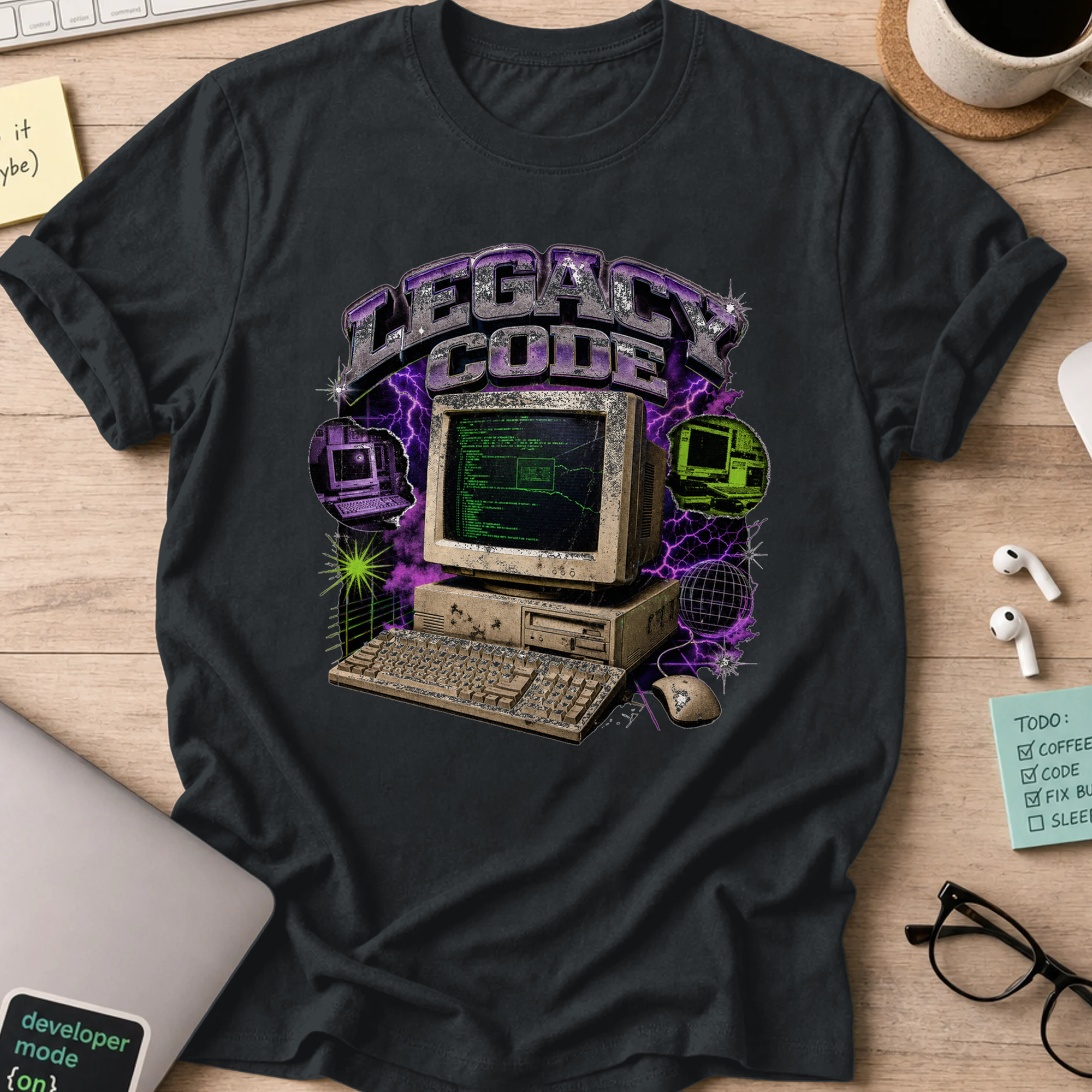 Legacy Code Retro Computer Shirt — Black storefront mockup