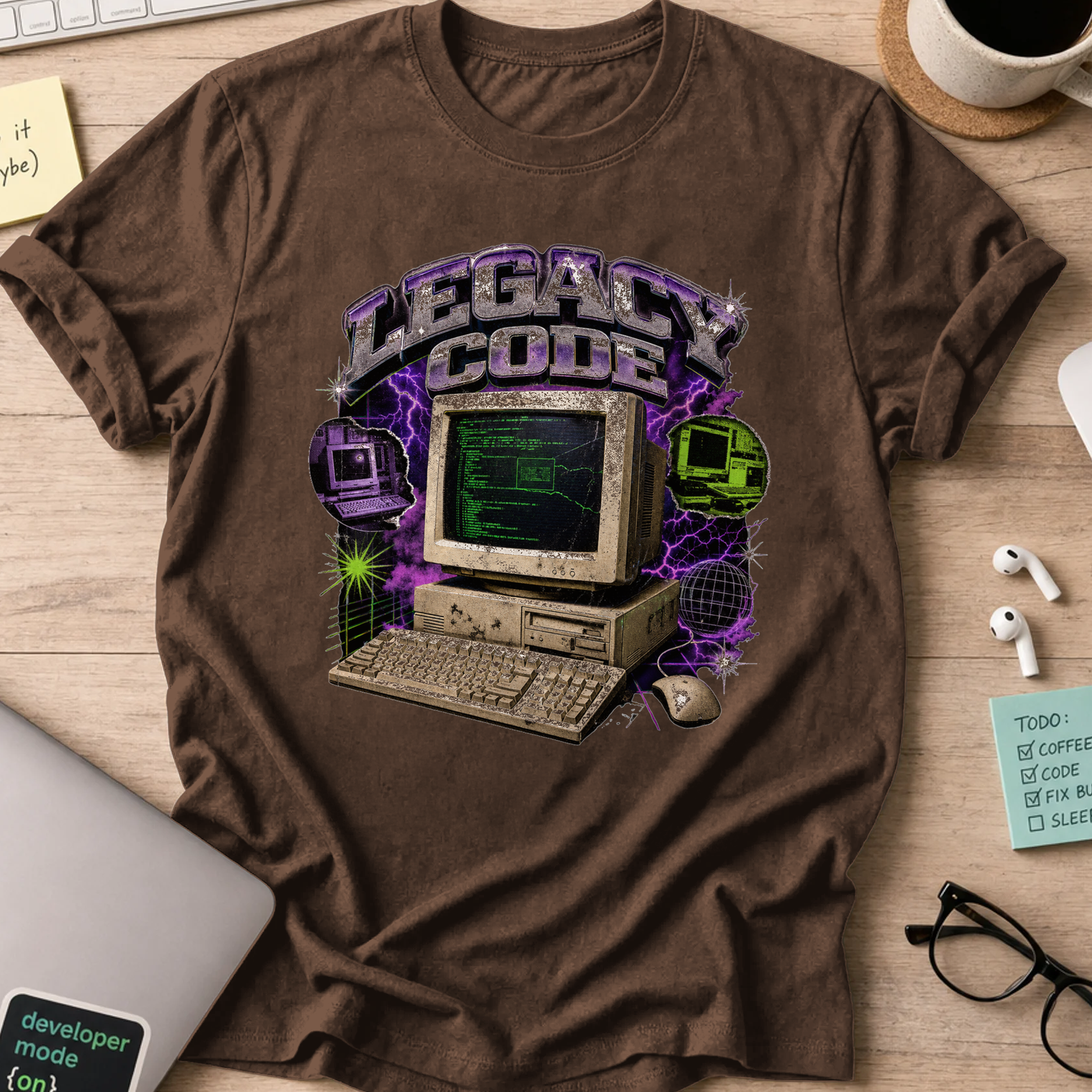 Legacy Code Retro Computer Shirt — Dark Chocolate storefront mockup