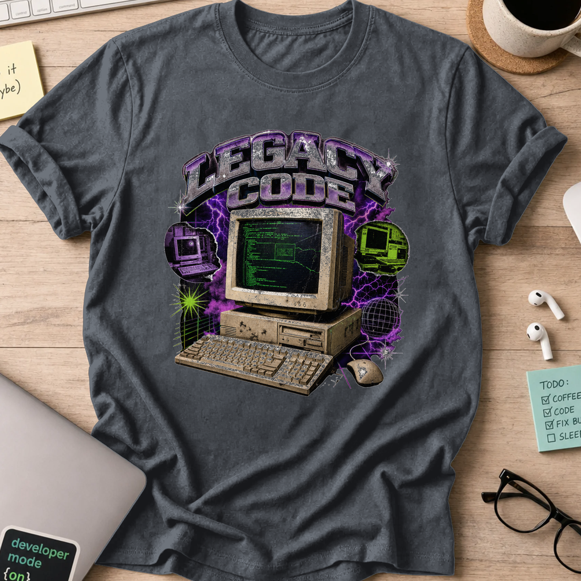 Legacy Code Retro Computer Shirt — Dark Heather storefront mockup