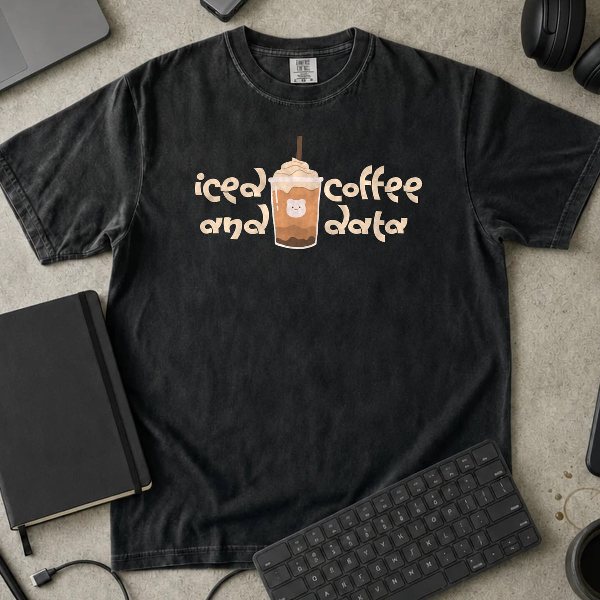 Iced Coffee and Data Retro Shirt in Black, Comfort Colors 1717 tee flat lay
