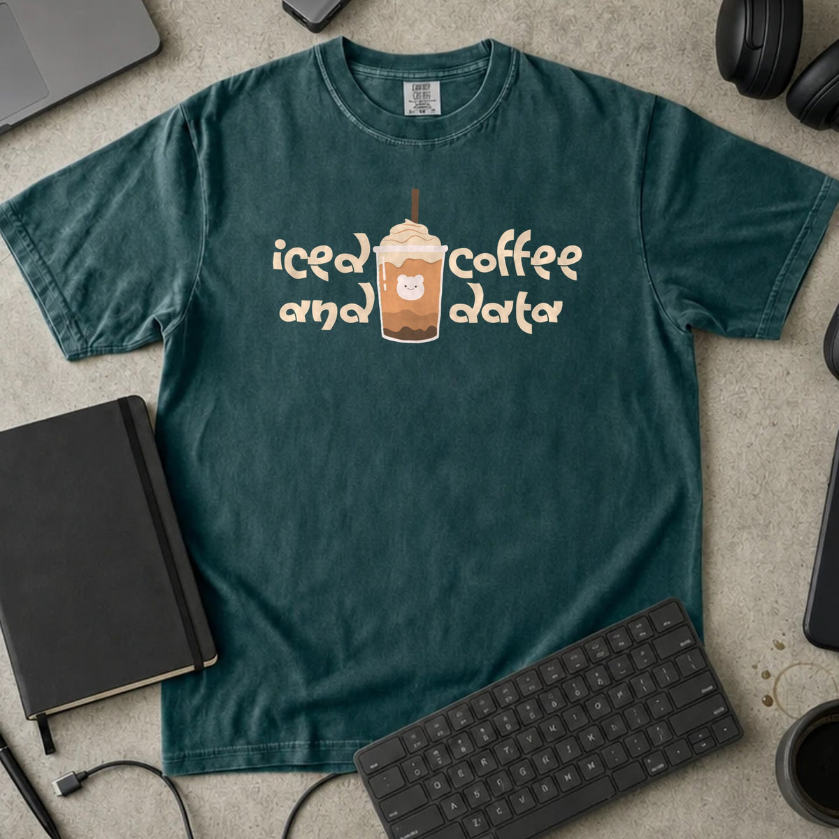 Iced Coffee and Data Retro Shirt in Blue Spruce, Comfort Colors 1717 tee flat lay