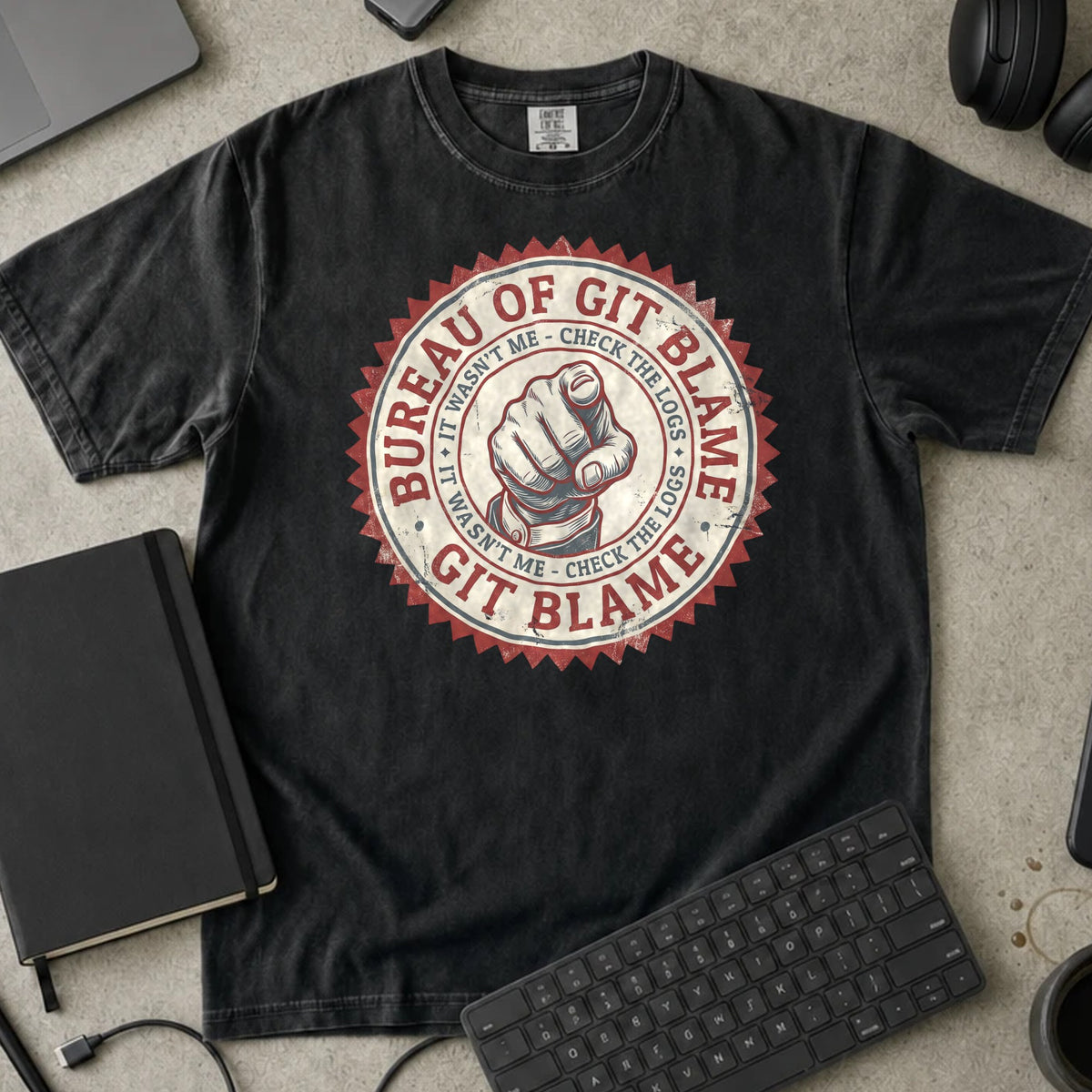 Bureau of Git Blame Shirt in Black, Comfort Colors 1717 tee flat lay