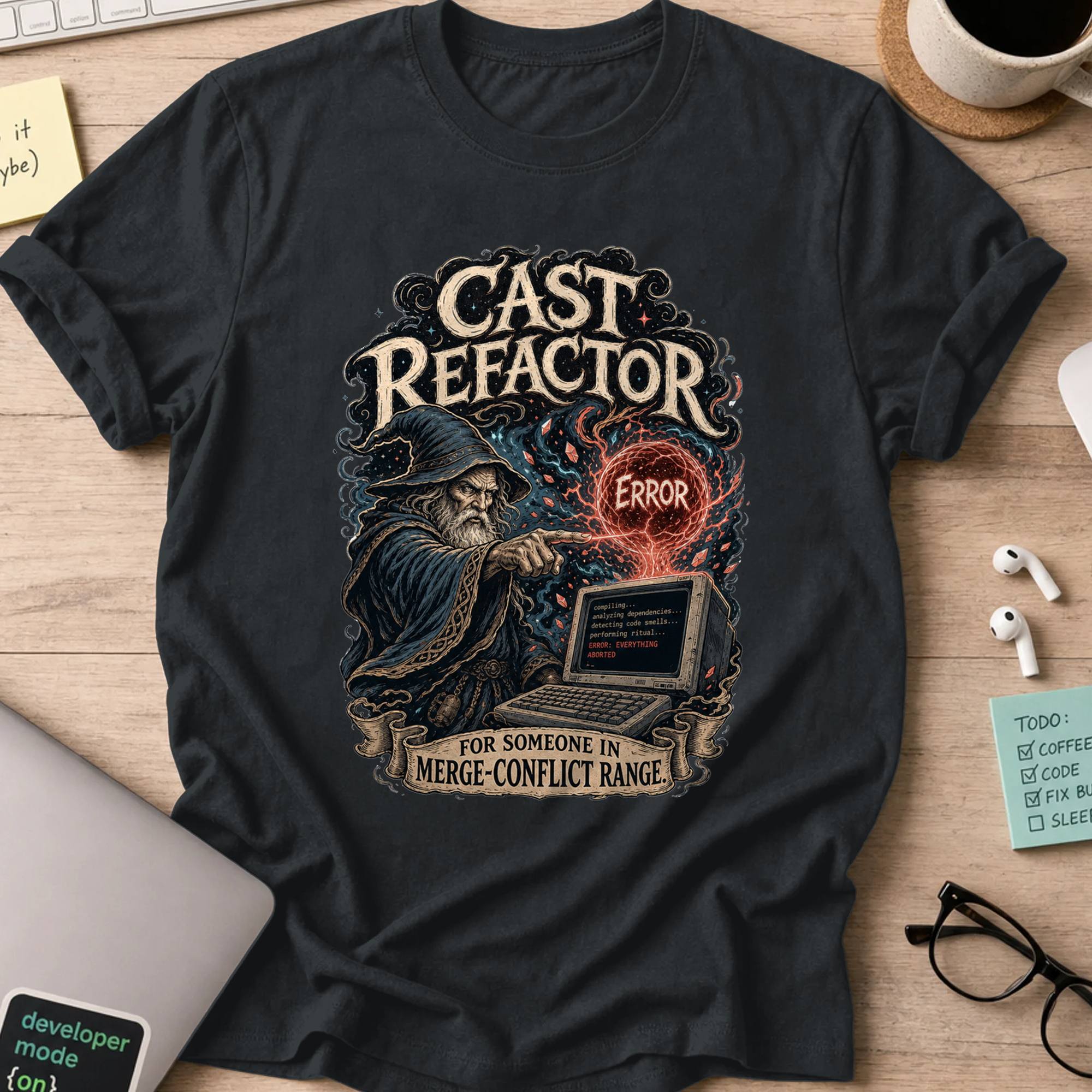 Cast Refactor Fantasy Coder Shirt — Black storefront mockup
