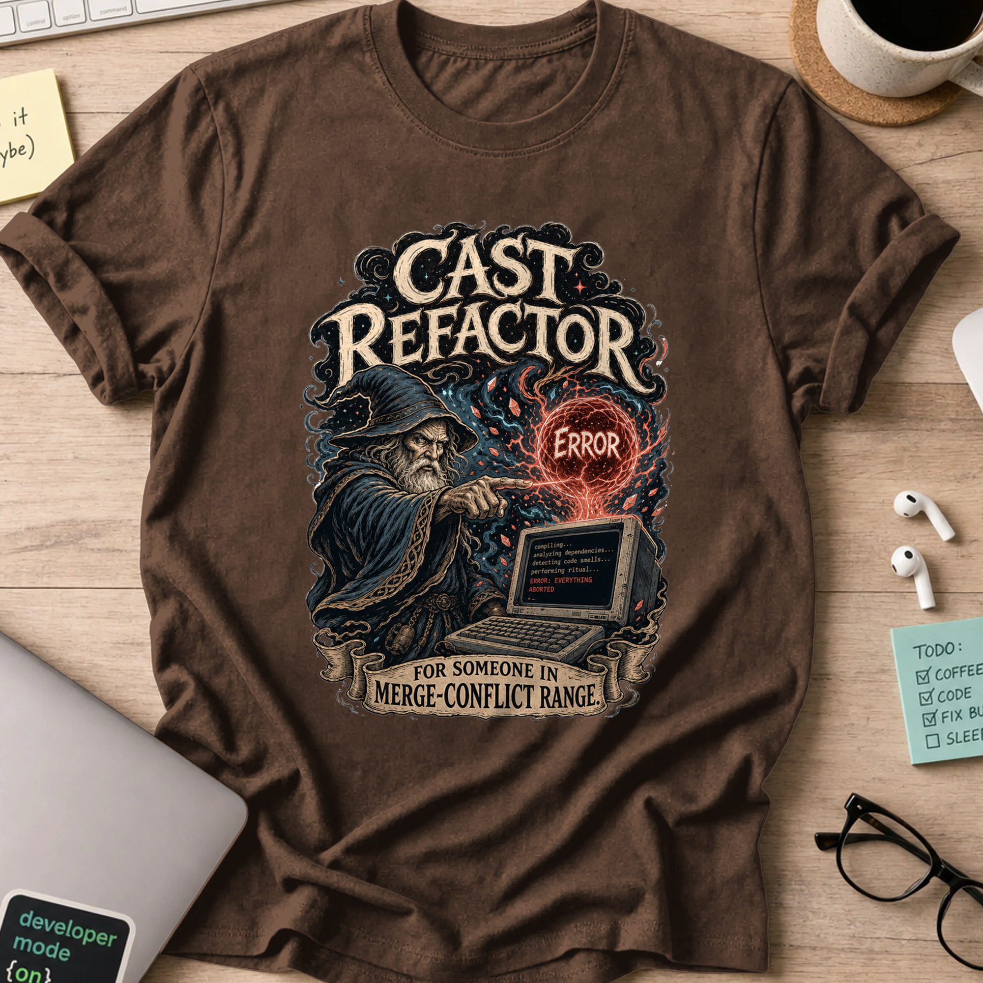 Cast Refactor Fantasy Coder Shirt — Dark Chocolate storefront mockup