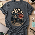 Cast Refactor Fantasy Coder Shirt — Dark Heather storefront mockup