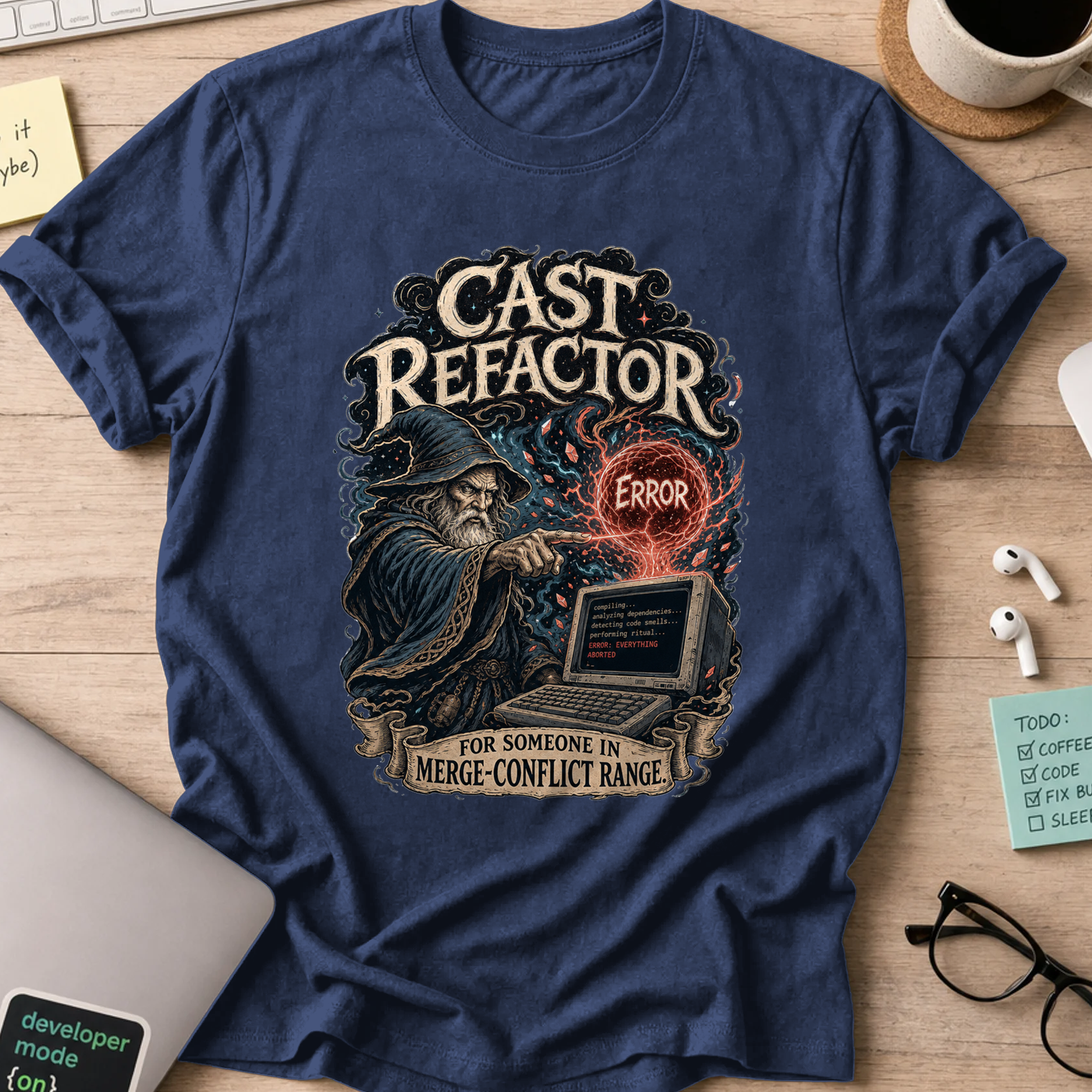 Cast Refactor Fantasy Coder Shirt — Navy storefront mockup