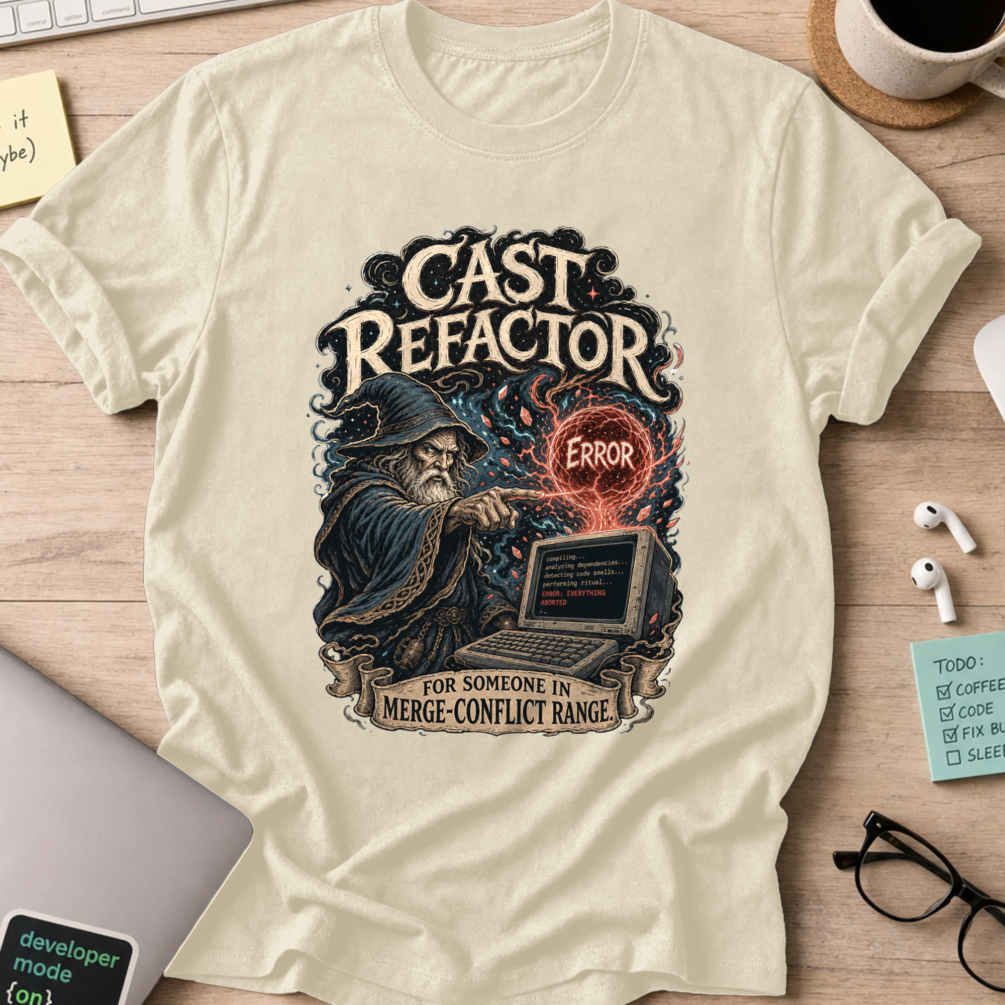Cast Refactor Fantasy Coder Shirt — Natural storefront mockup