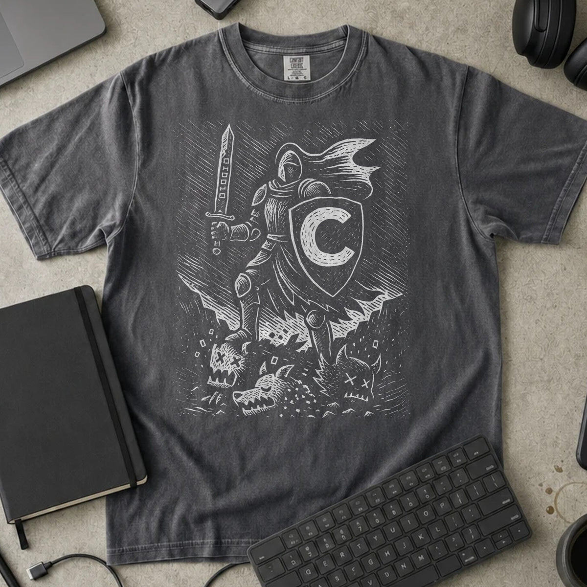 C Knight Shirt in Pepper, Comfort Colors 1717 tee flat lay