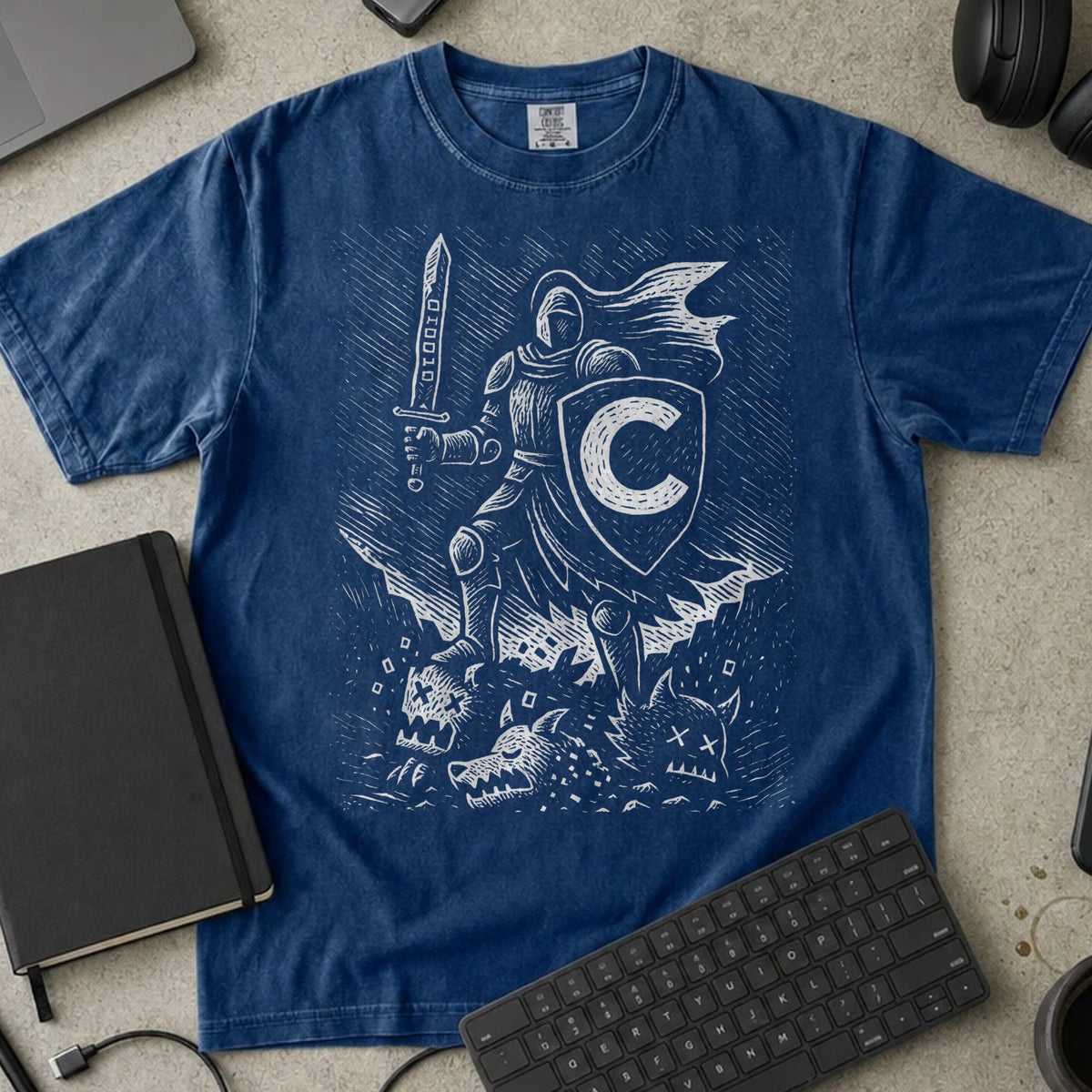 C Knight Shirt in True Navy, Comfort Colors 1717 tee flat lay