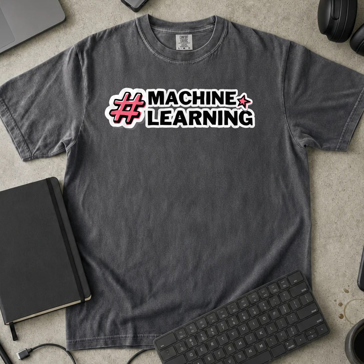 Machine Learning Hashtag Shirt in Pepper, Comfort Colors 1717 tee flat lay