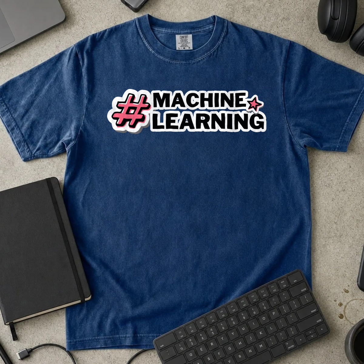 Machine Learning Hashtag Shirt in True Navy, Comfort Colors 1717 tee flat lay