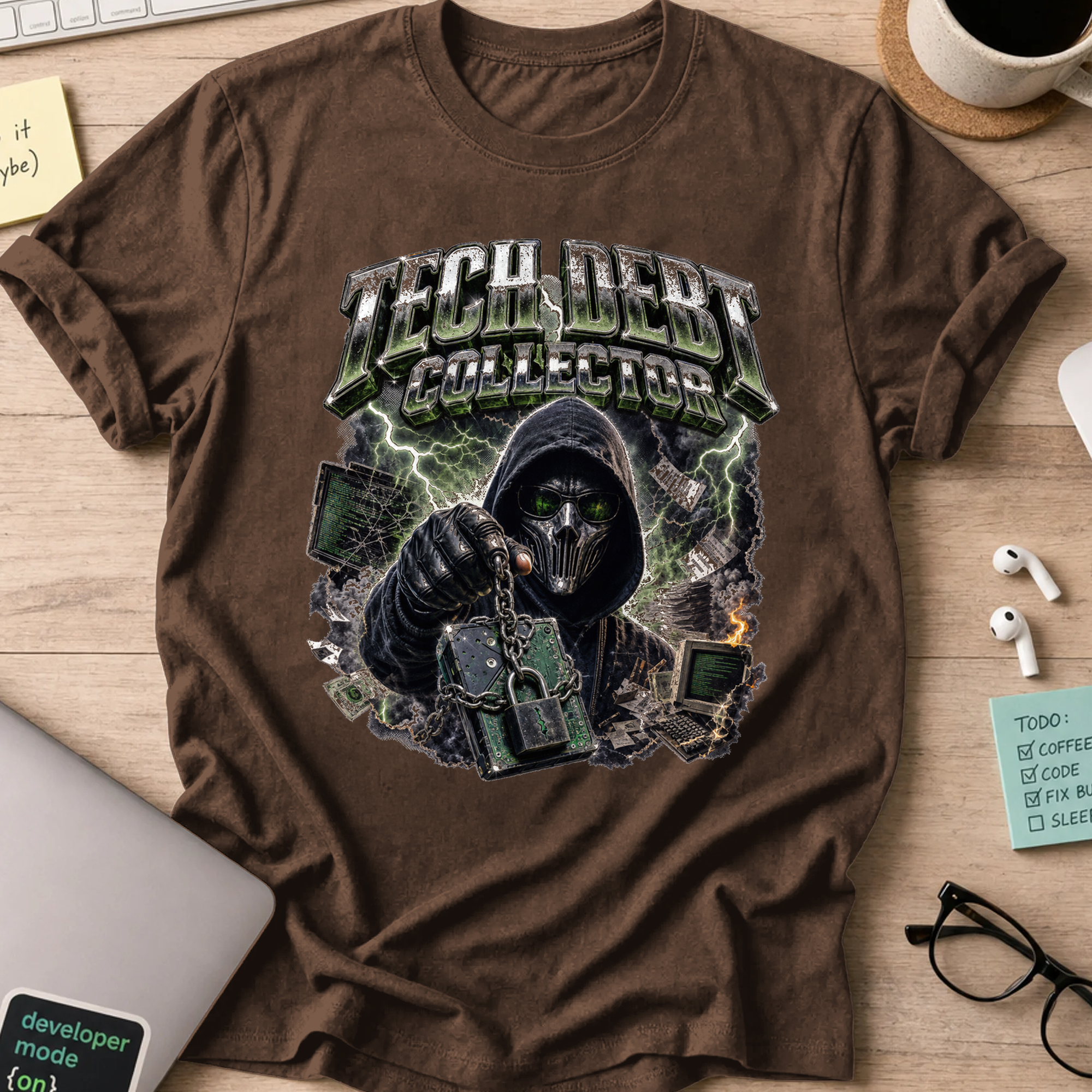 Tech Debt Collector Cyberpunk Shirt — Dark Chocolate storefront mockup