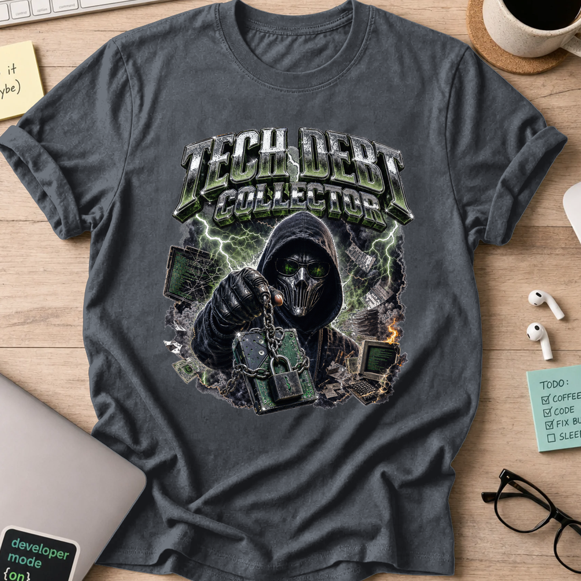 Tech Debt Collector Cyberpunk Shirt — Dark Heather storefront mockup