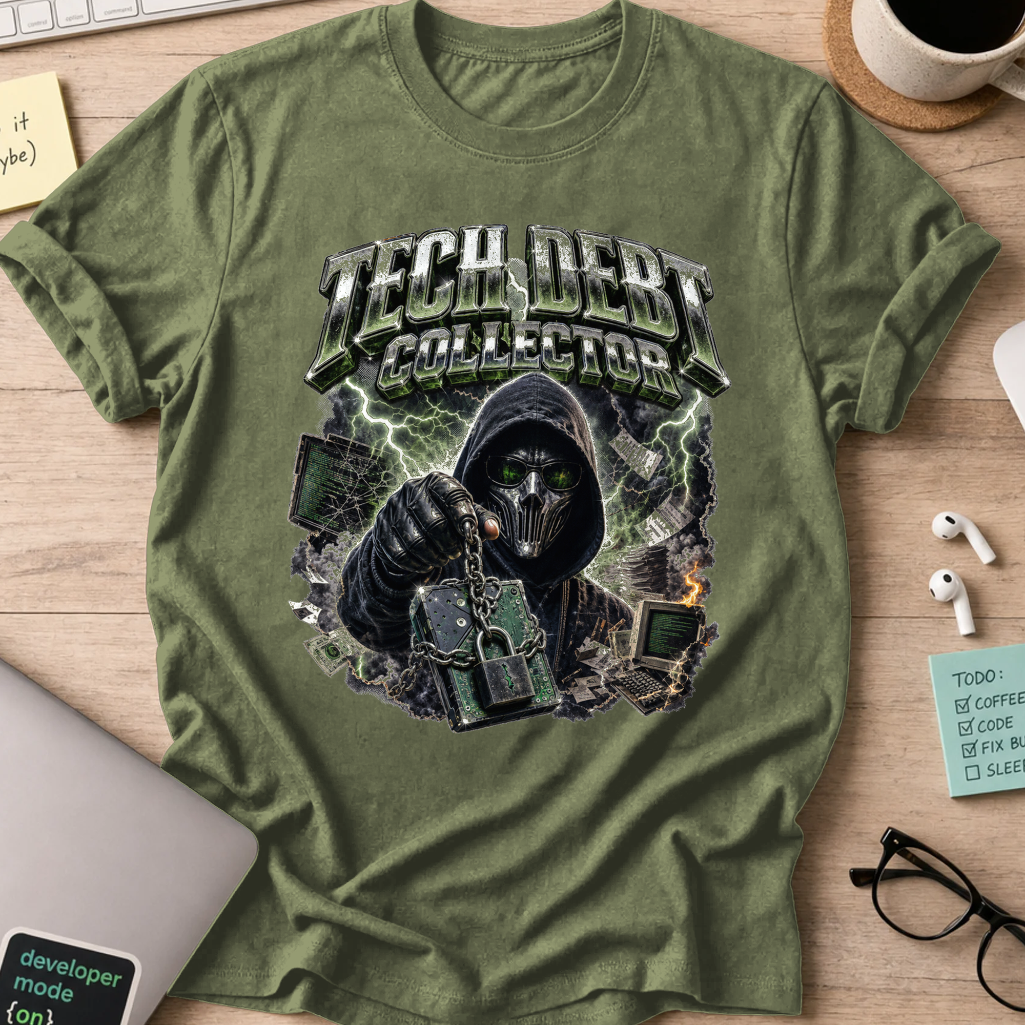 Tech Debt Collector Cyberpunk Shirt — Military Green storefront mockup