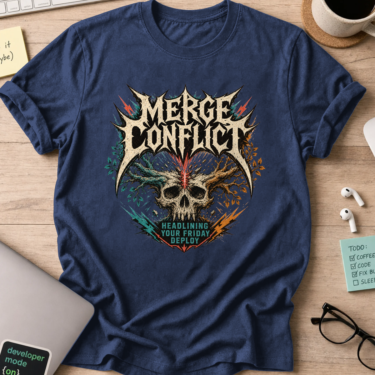 Merge Conflict Friday Deploy Shirt — Navy