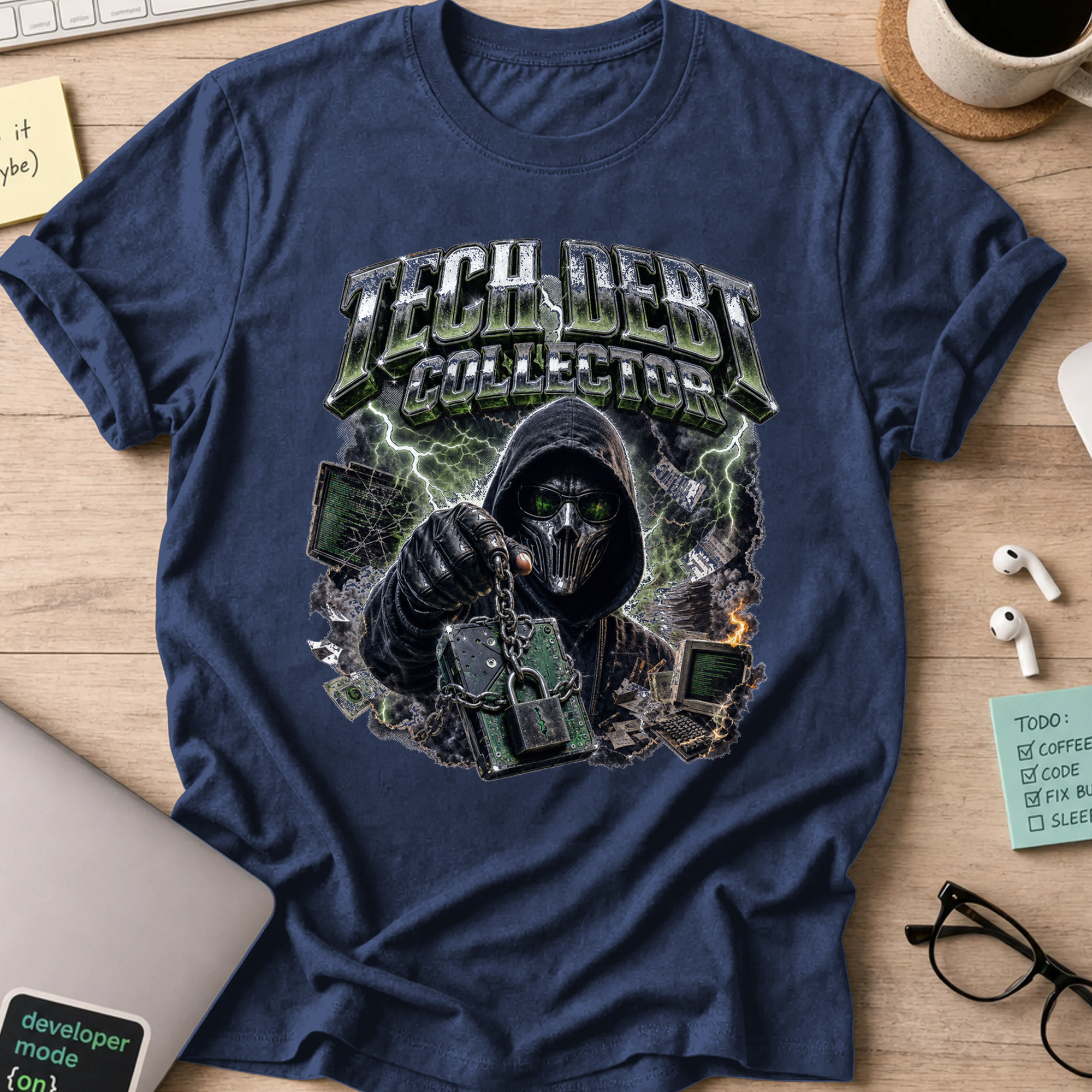 Tech Debt Collector Cyberpunk Shirt — Navy storefront mockup