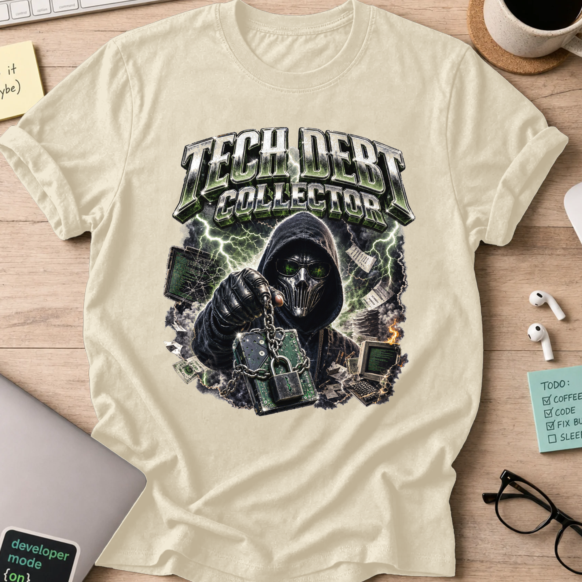 Tech Debt Collector Cyberpunk Shirt — Natural storefront mockup