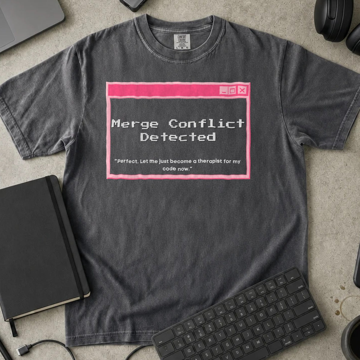 Merge Conflict Detected Shirt in Pepper, Comfort Colors 1717 tee flat lay