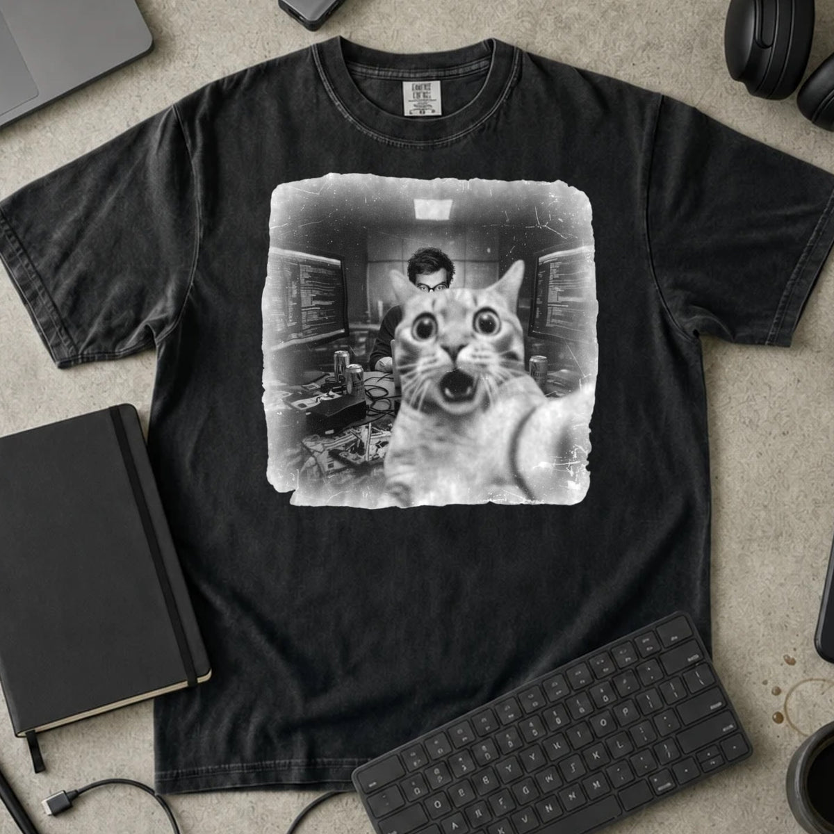 Shocked Cat Server Room Selfie Shirt in Black, Comfort Colors 1717 tee flat lay