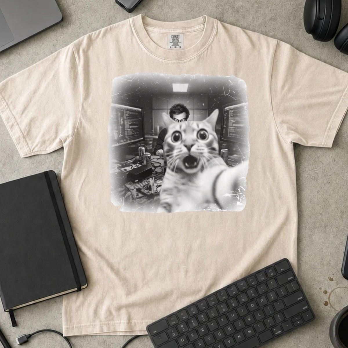 Shocked Cat Server Room Selfie Shirt in Ivory, Comfort Colors 1717 tee flat lay