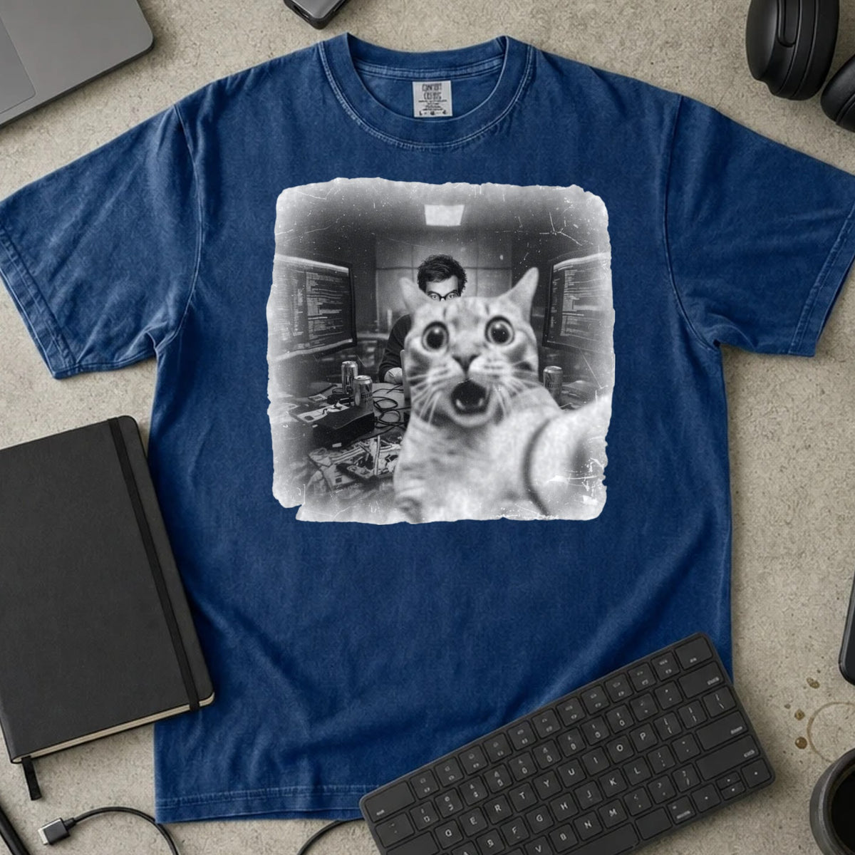 Shocked Cat Server Room Selfie Shirt in True Navy, Comfort Colors 1717 tee flat lay