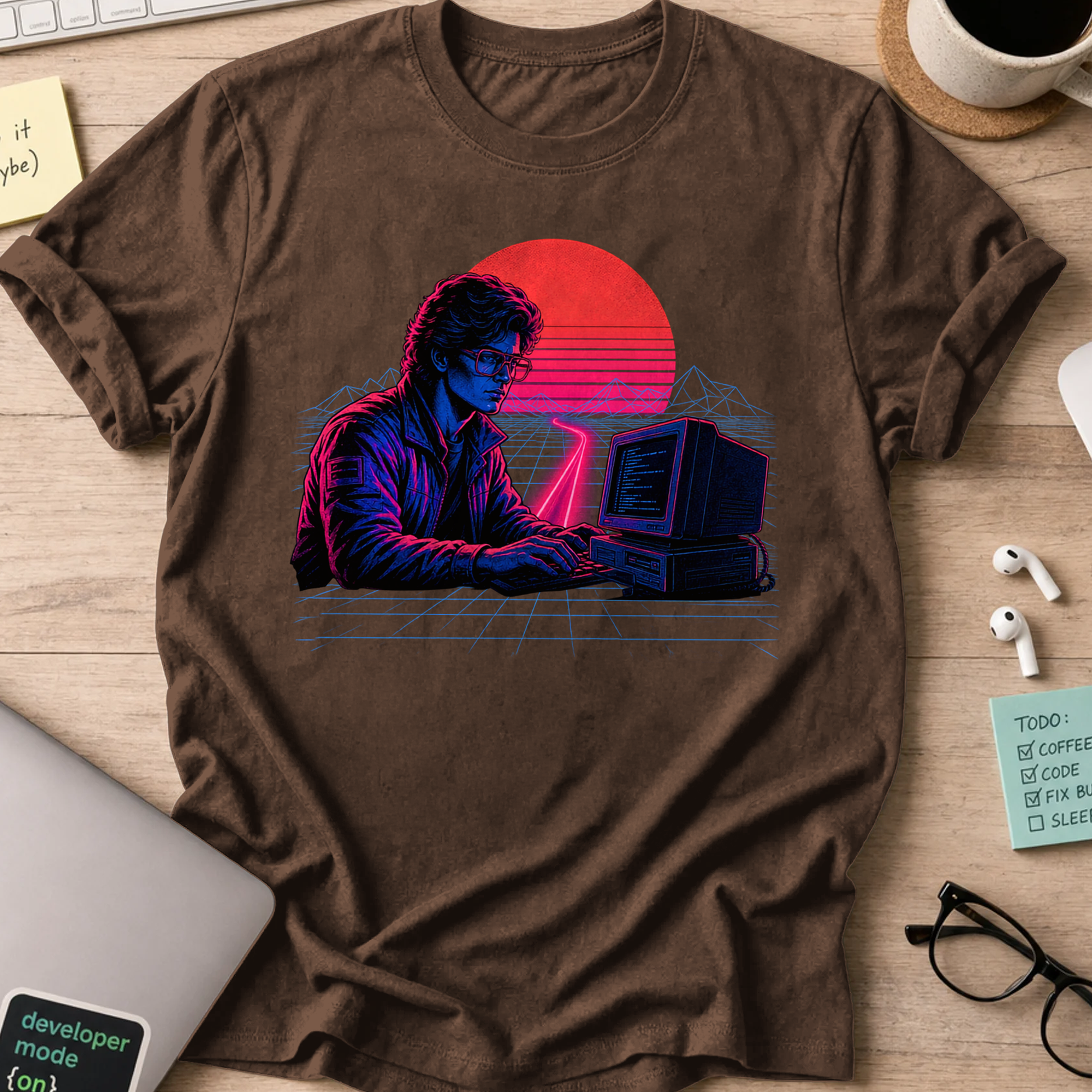 Neon Programmer Synthwave Shirt — Dark Chocolate storefront mockup
