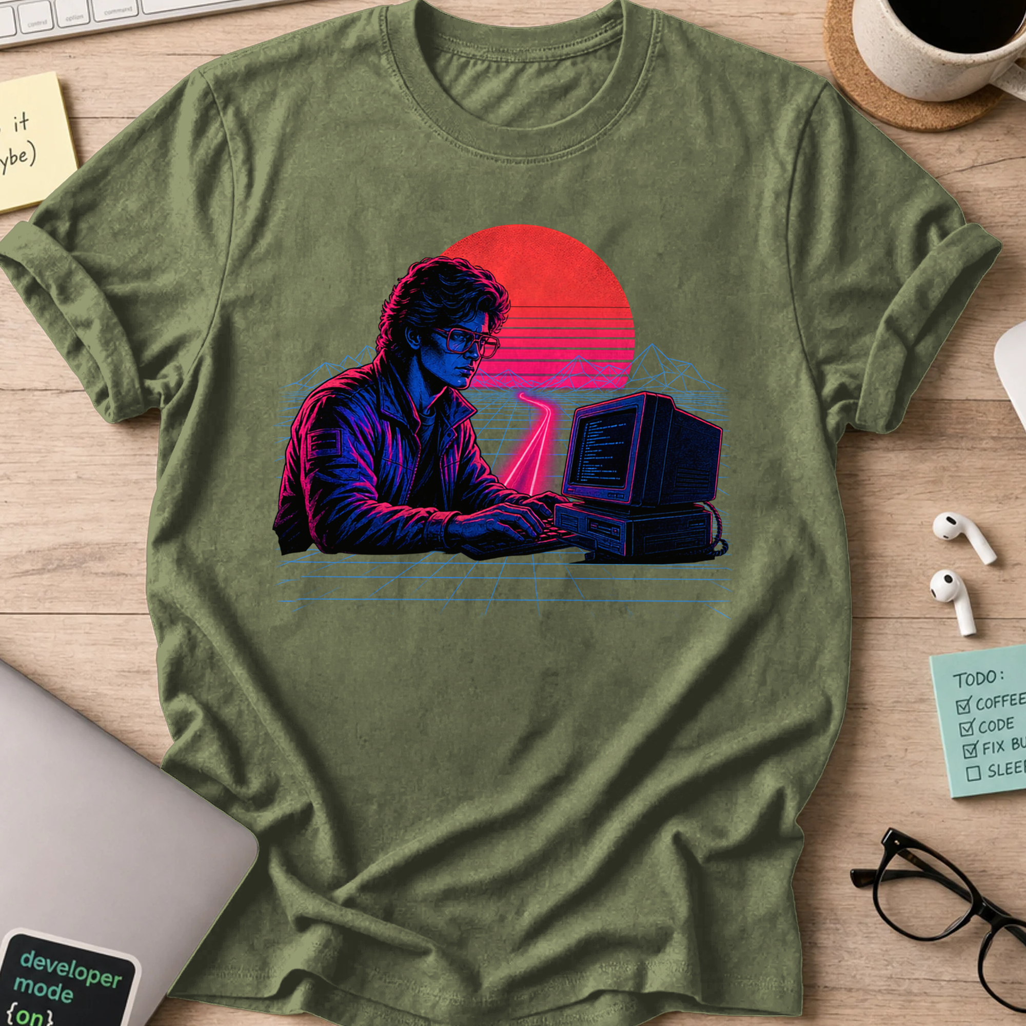 Neon Programmer Synthwave Shirt — Military Green storefront mockup