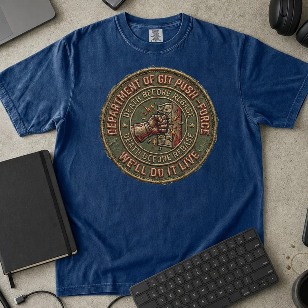 Department of Git Push Force Shirt in True Navy, Comfort Colors 1717 tee flat lay