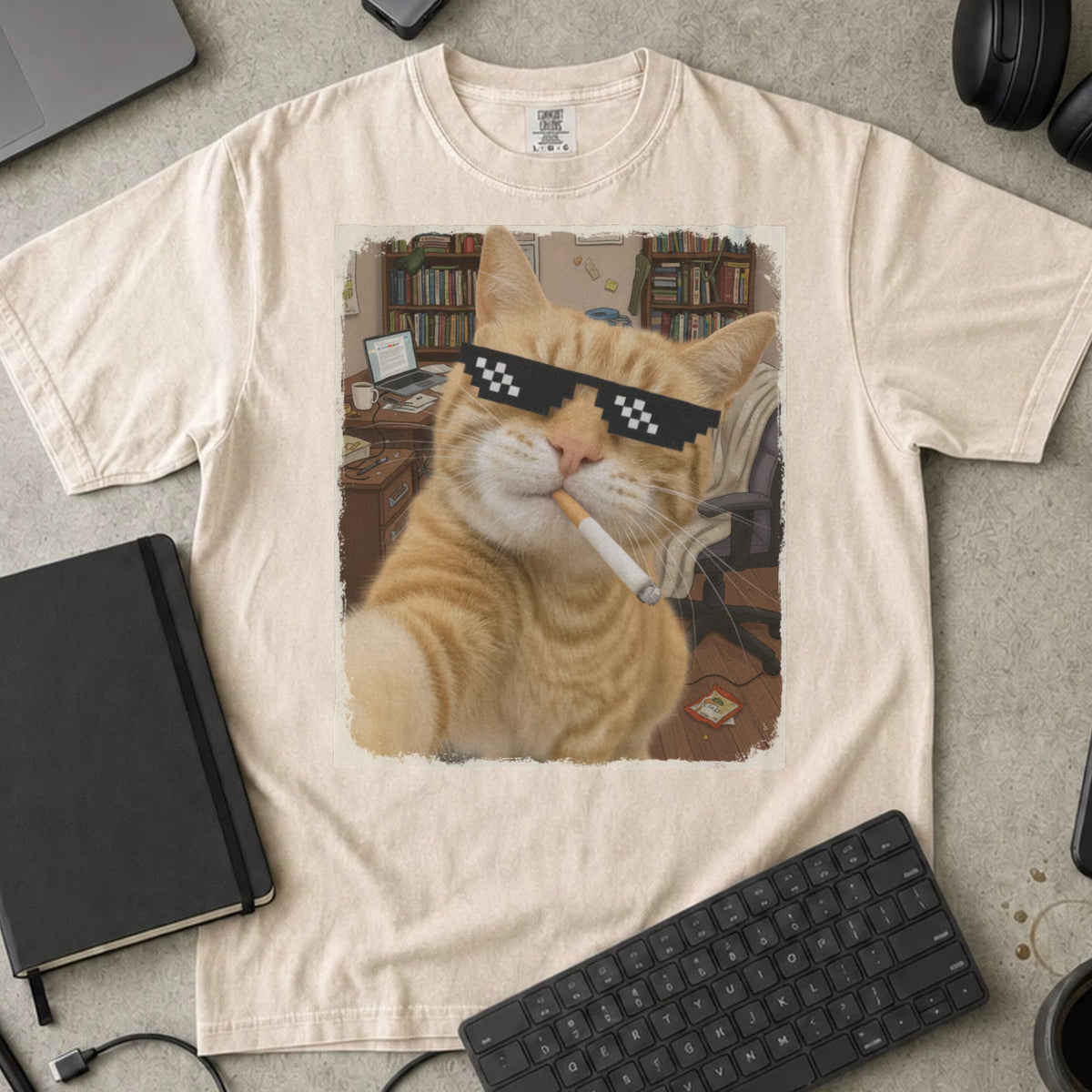 Cool Cat Developer Shirt in Ivory, Comfort Colors 1717 tee flat lay