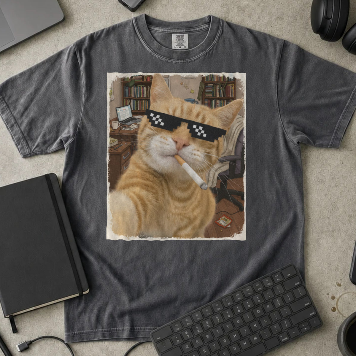 Cool Cat Developer Shirt in Pepper, Comfort Colors 1717 tee flat lay