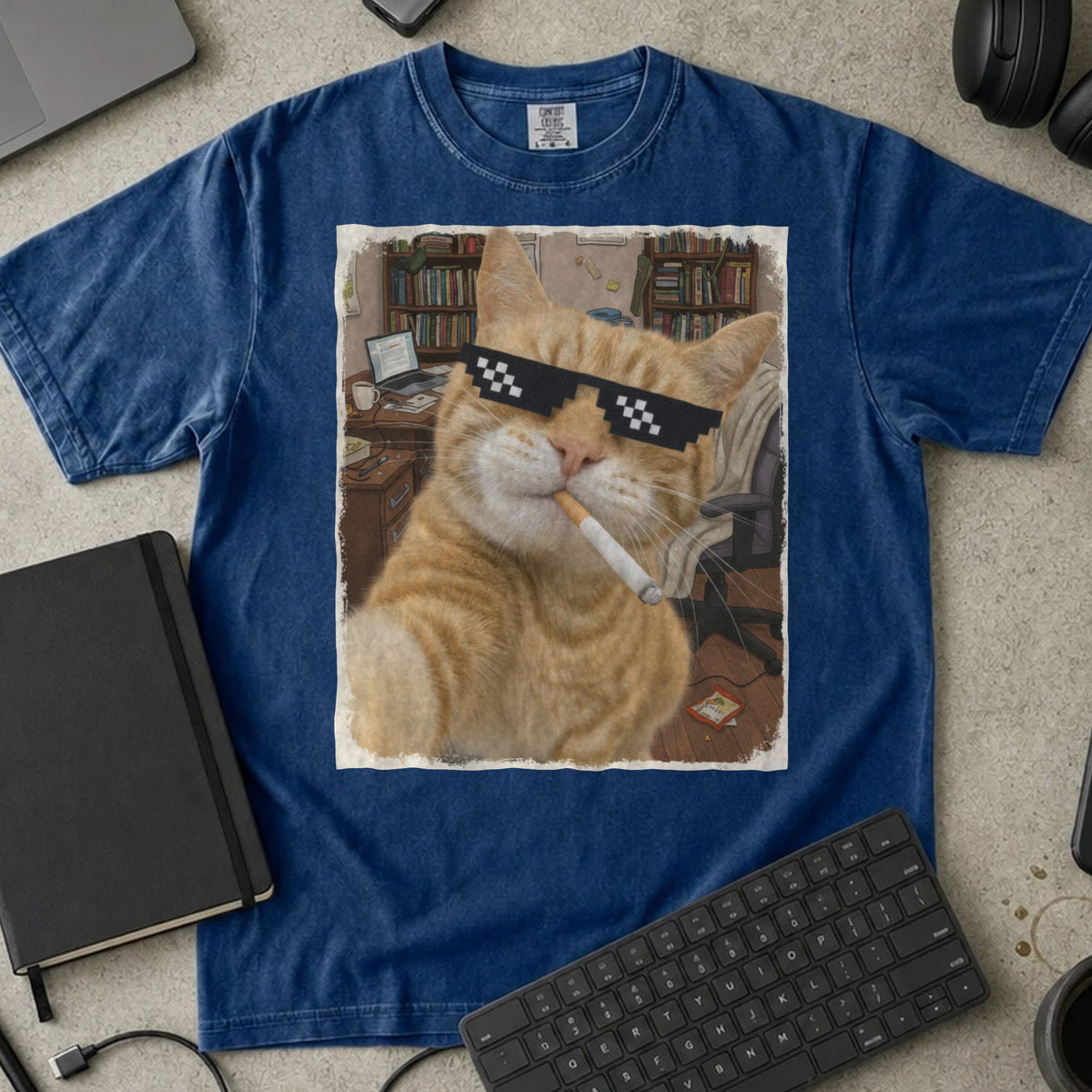 Cool Cat Developer Shirt in True Navy, Comfort Colors 1717 tee flat lay