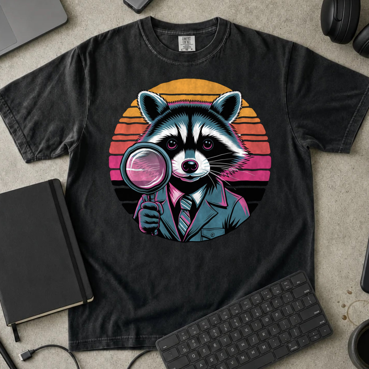Detective Raccoon Debugger Shirt in Black, Comfort Colors 1717 tee flat lay