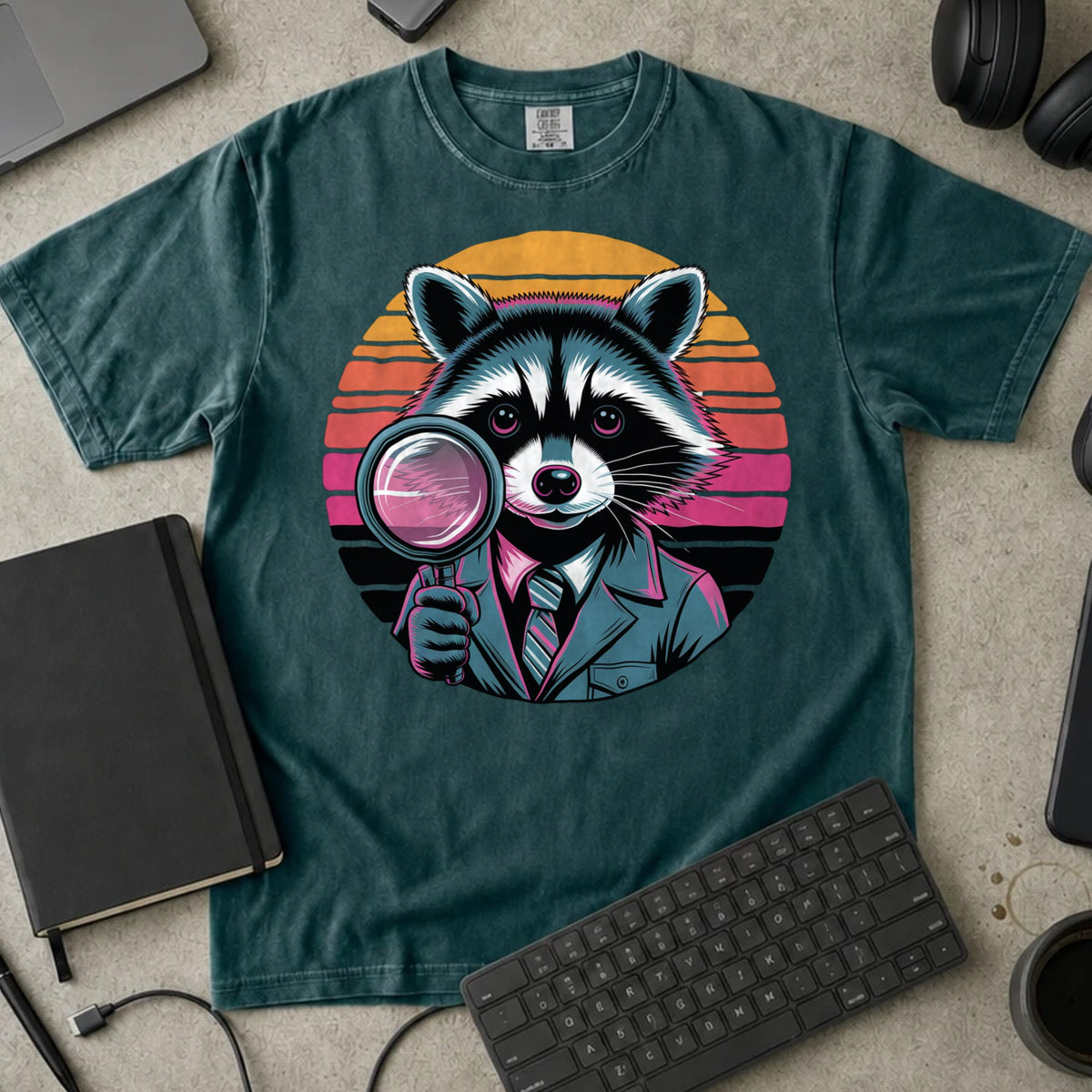 Detective Raccoon Debugger Shirt in Blue Spruce, Comfort Colors 1717 tee flat lay