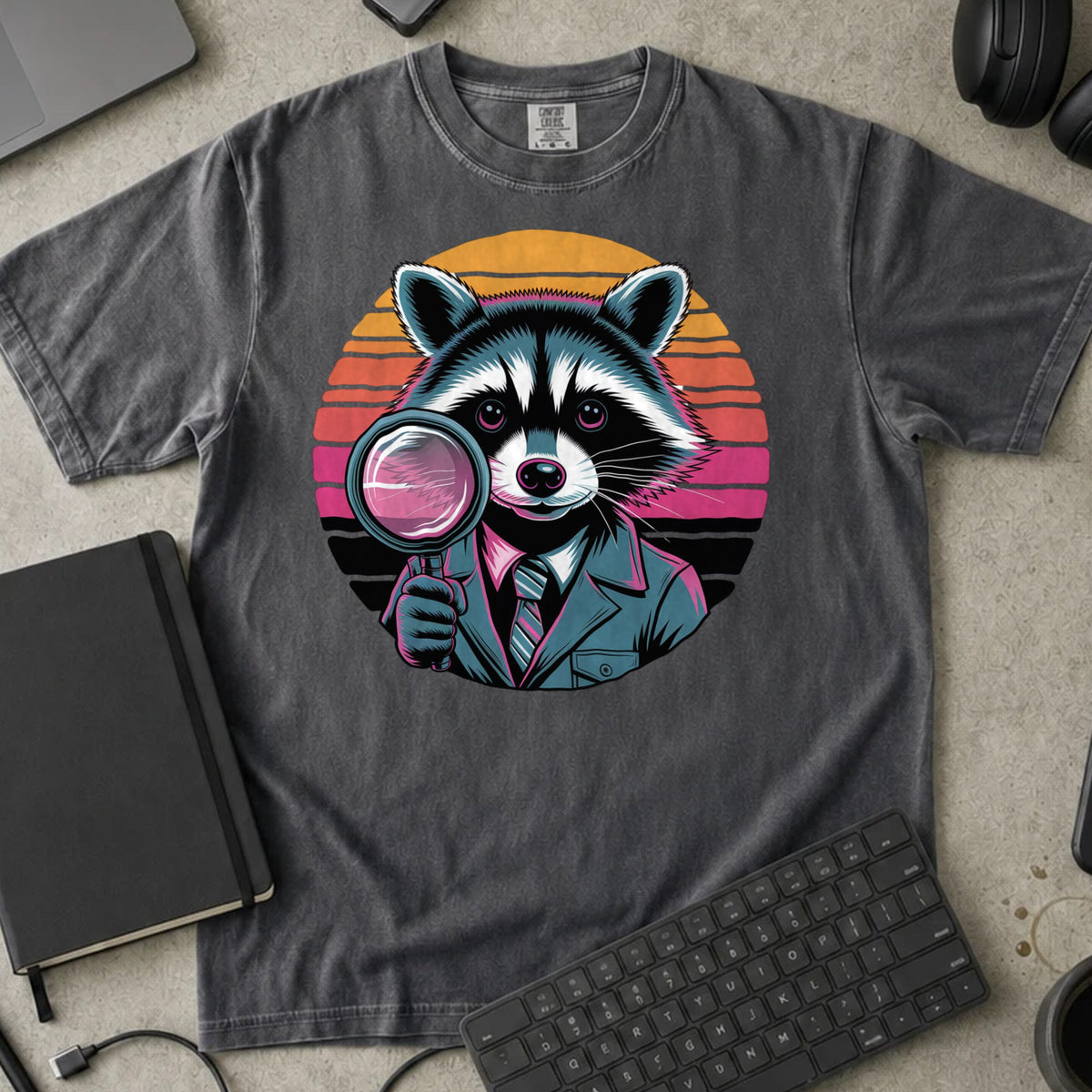 Detective Raccoon Debugger Shirt in Pepper, Comfort Colors 1717 tee flat lay