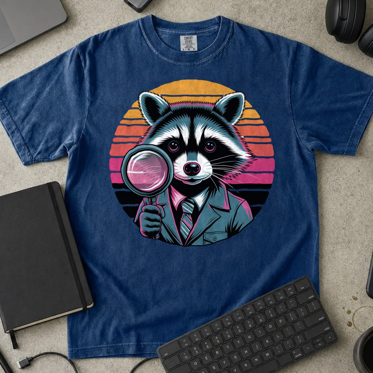 Detective Raccoon Debugger Shirt in True Navy, Comfort Colors 1717 tee flat lay